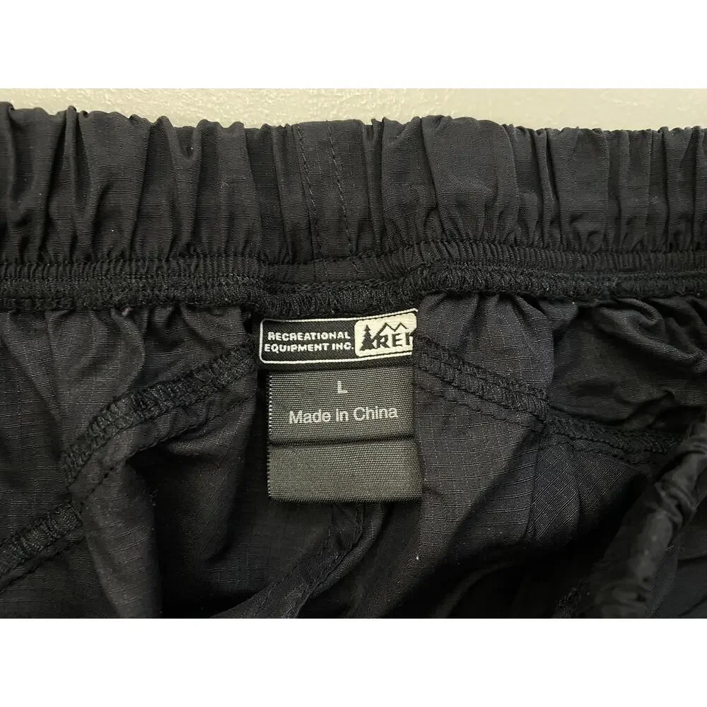 REI Windbreaker Pant Mens Large Black Nylon Hiking Elastic Waist Zip Pockets 32L